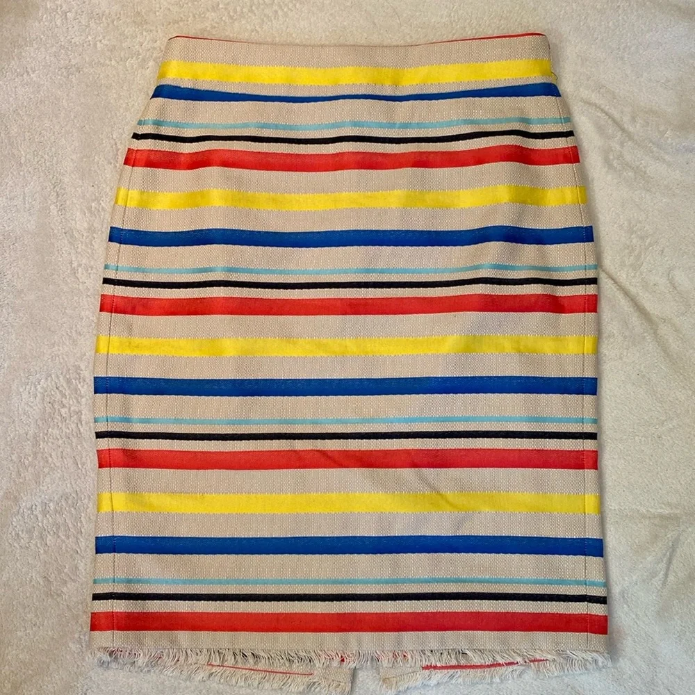 J Crew colorful blue yellow deep pink beige stripes pencil skirt NWT Sz 8P